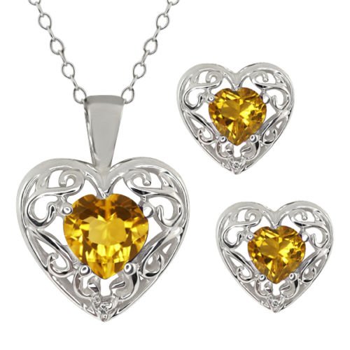 2 Ct Yellow Citrine Heart Love Engraved Diamond Stud Earrings & Pendant .925 ...