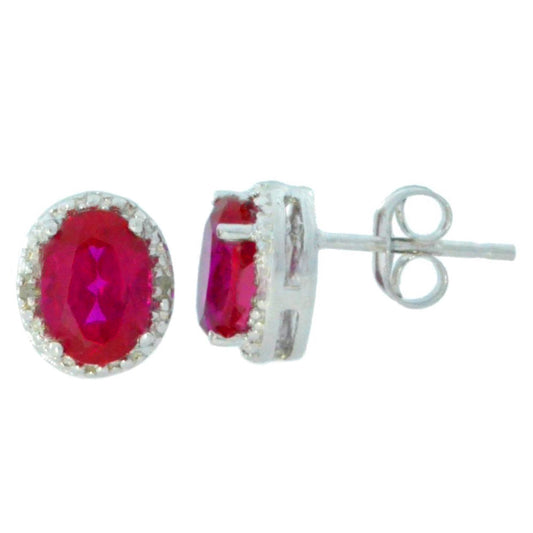 2 Ct Created Ruby Oval Diamond Stud Earrings .925 Sterling Silver