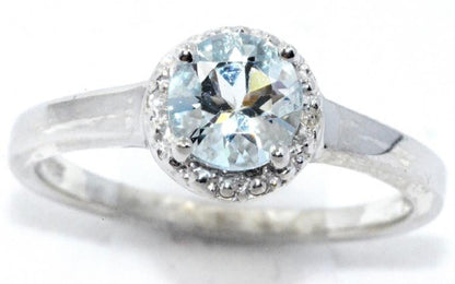 1 Ct Genuine Aquamarine & Diamond Ring .925 Sterling Silver Rhodium Finish