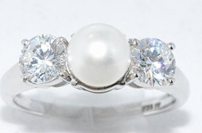 7mm White Freshwater Pearl & Zirconia Ring .925 Sterling Silver Rhodium Finish