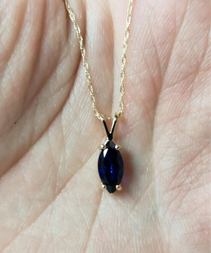 14Kt Gold Blue Sapphire Marquise Pendant Necklace