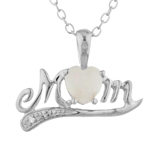 Genuine Opal & Diamond Heart Mom Pendant .925 Sterling Silver