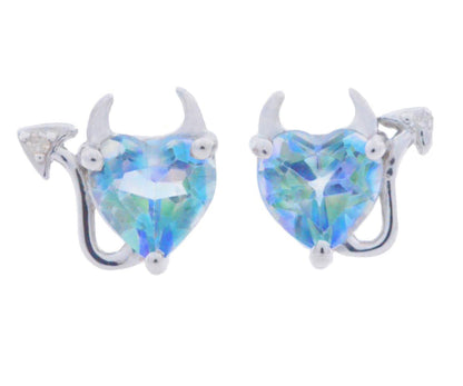 Natural Blue Mystic Topaz & Diamond Devil Heart Stud Earrings .925 Sterling Silver