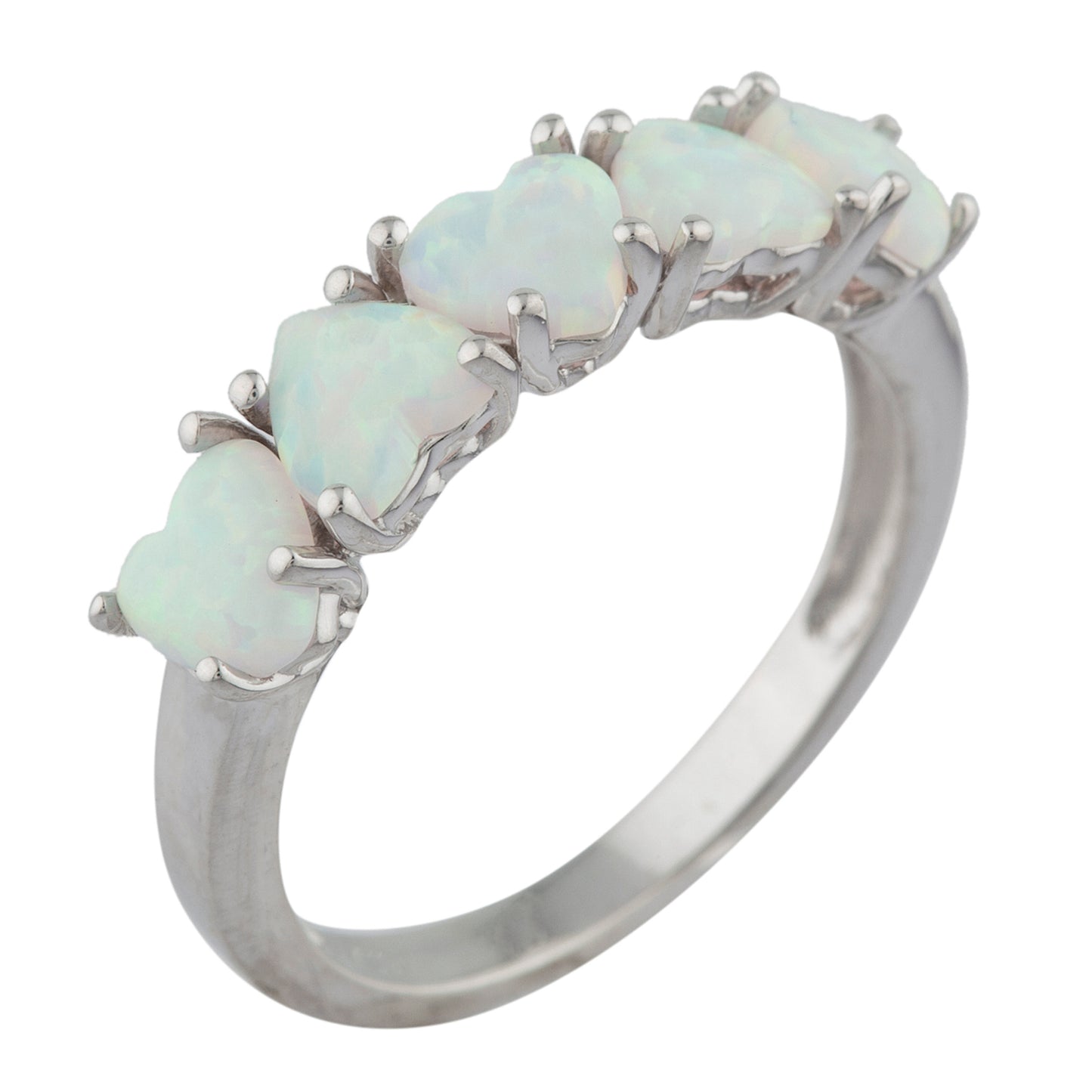 5 Hearts Genuine Opal Heart Ring .925 Sterling Silver Rhodium Finish