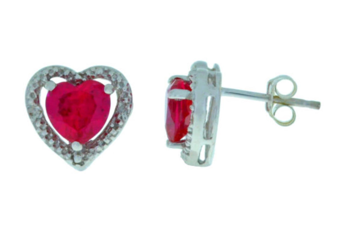 Created Ruby & Diamond Heart Stud Earrings .925 Sterling Silver