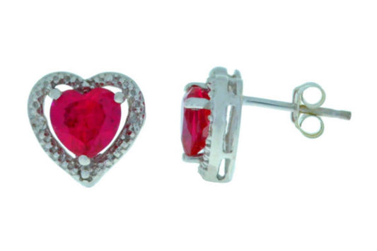 Created Ruby & Diamond Heart Stud Earrings .925 Sterling Silver