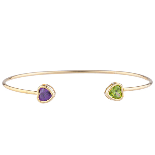 14Kt Gold Alexandrite & Peridot Heart Bezel Bangle Bracelet