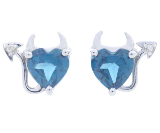 London Blue Topaz & Diamond Devil Heart Stud Earrings .925 Sterling Silver