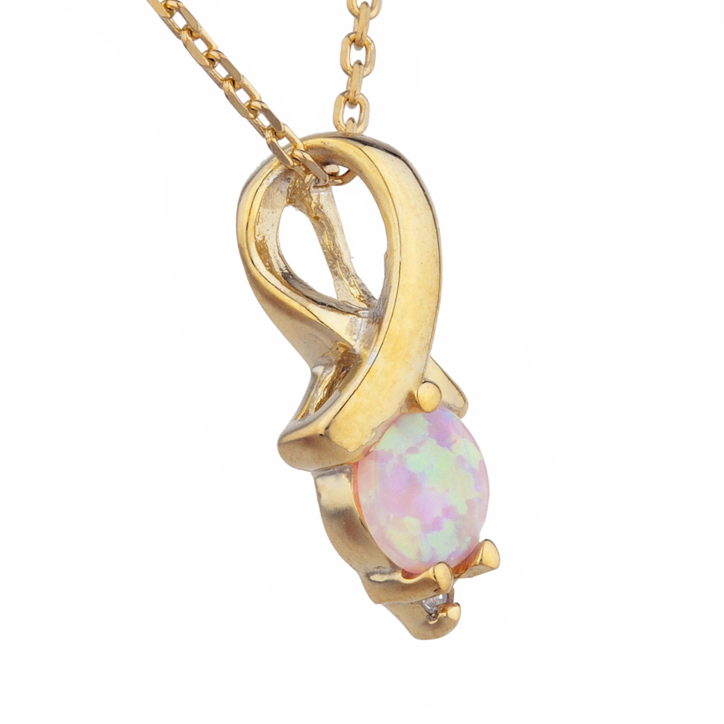 14Kt Gold Pink Opal & Diamond Round Design Pendant Necklace
