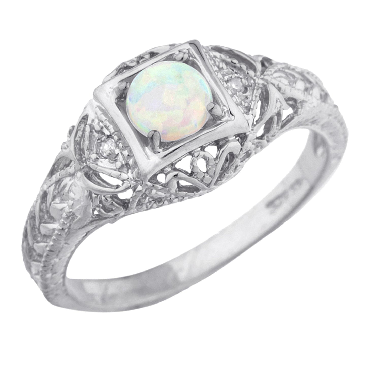 14Kt Gold Opal & Diamond Design Round Ring