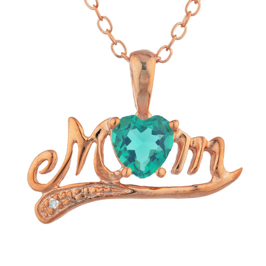 14Kt Rose Gold Plated Emerald & Diamond Heart Mom Pendant