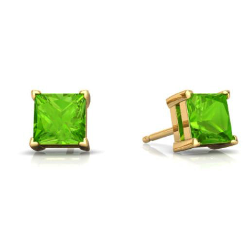 14Kt Yellow Gold Peridot Princess Cut Stud Earrings