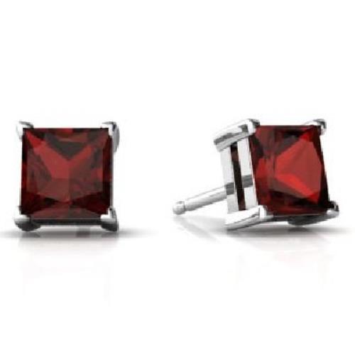 2 Ct Garnet Princess Cut Stud Earrings .925 Sterling Silver