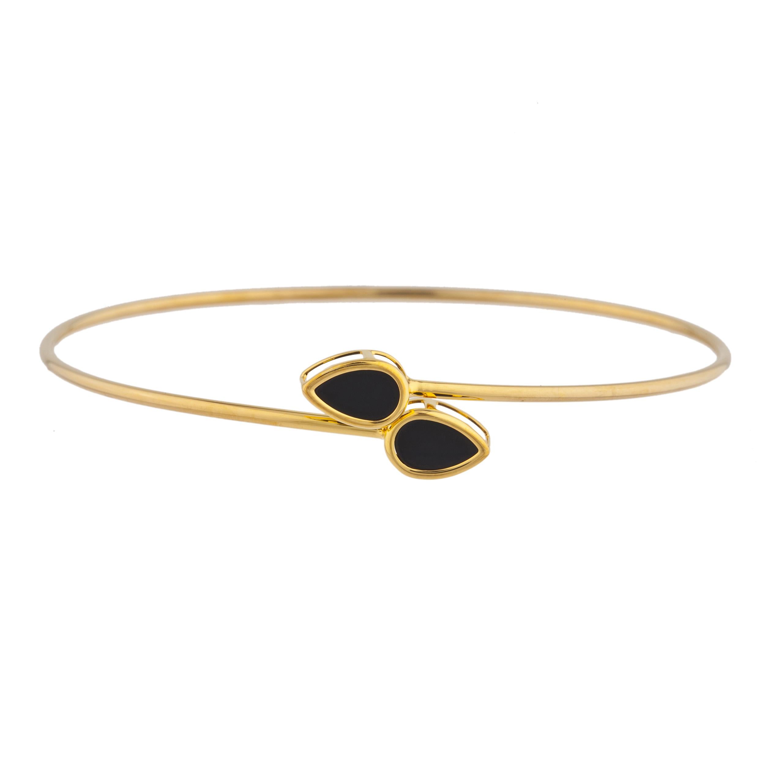 14Kt Gold Genuine Black Onyx Pear Bezel Bangle Bracelet