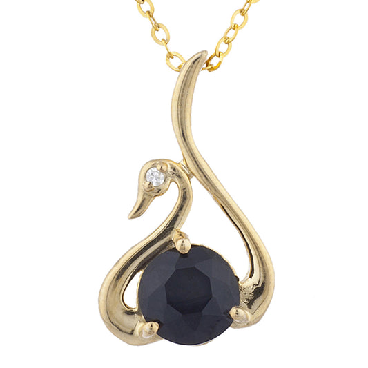 14Kt Yellow Gold Plated Genuine Black Onyx & Diamond Swan Pendant