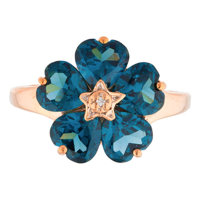 14Kt Gold London Blue Topaz & Diamond Heart Flower Design Ring