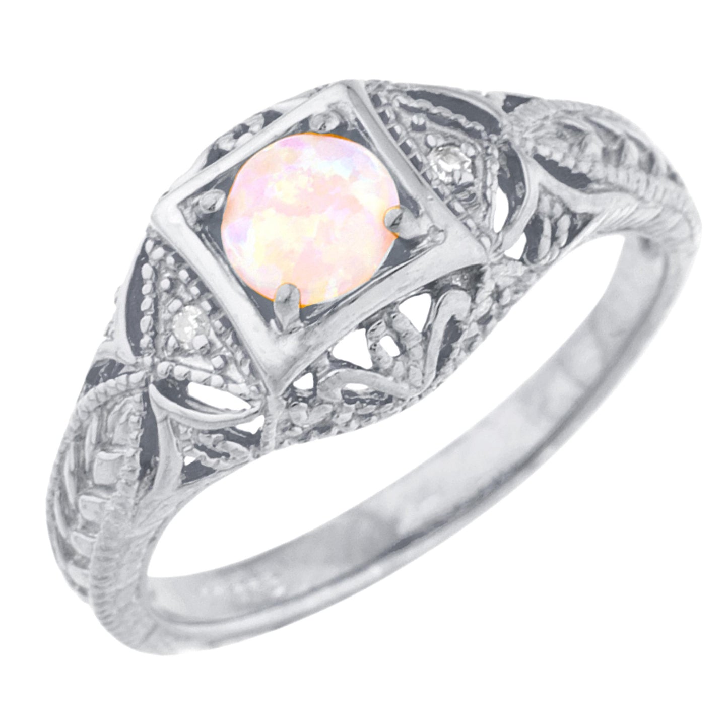 14Kt Gold Pink Opal & Diamond Design Round Ring