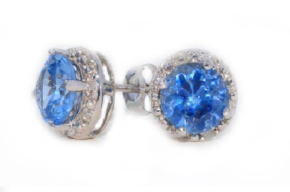 14Kt White Gold Blue Topaz & Diamond Round Stud Earrings