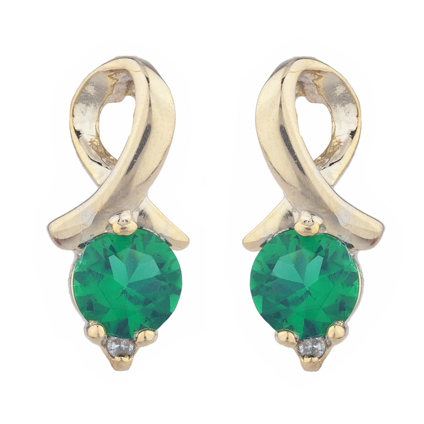 14Kt Yellow Gold Plated Emerald & Diamond Round Design Stud Earrings