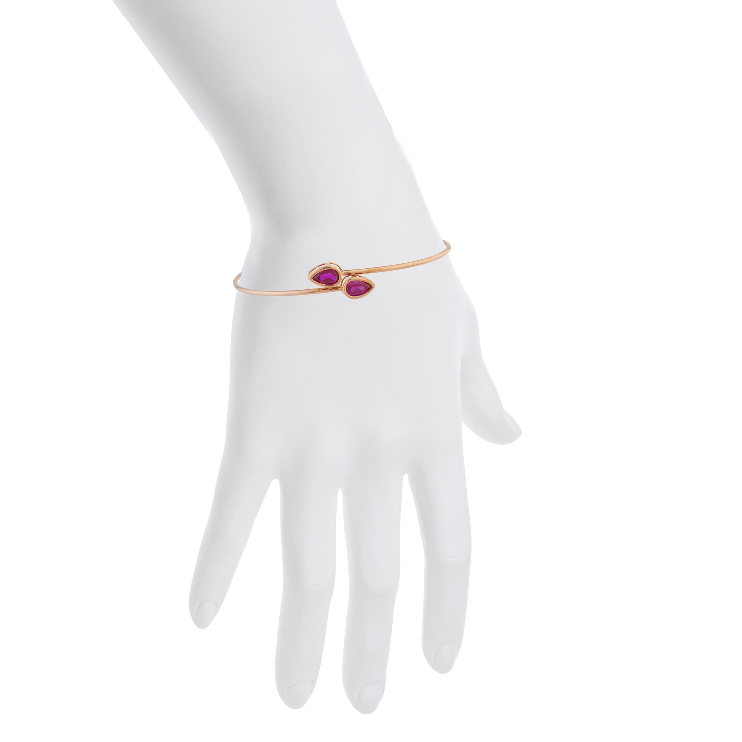 14Kt Gold Created Ruby Pear Bezel Bangle Bracelet