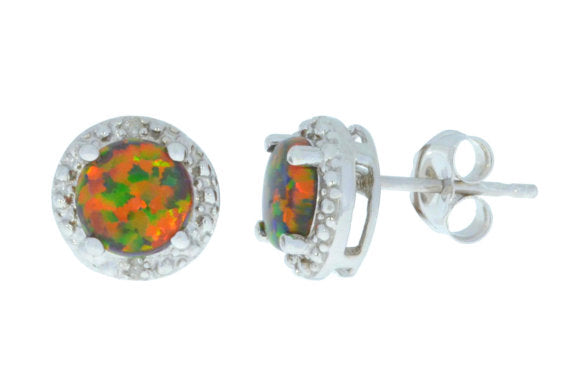 14Kt White Gold Black Opal & Diamond Round Stud Earrings