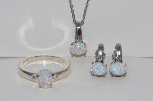 7x5mm Opal Oval Diamond Stud Earrings Pendant Ring Set .925 Sterling Silver Rhodium Finish