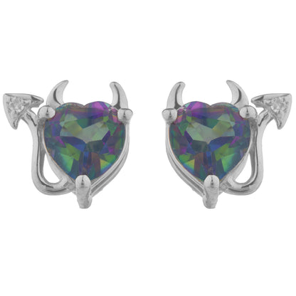 Natural Mystic Topaz & Diamond Devil Heart Stud Earrings .925 Sterling Silver