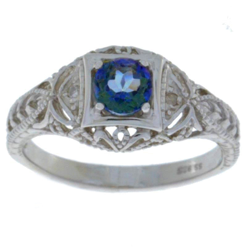 0.50 Ct Blue Mystic Topaz & Diamond Round Ring .925 Sterling Silver