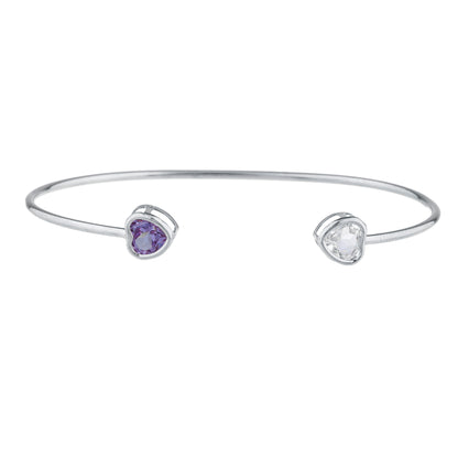 Genuine Aquamarine & Amethyst Heart Bezel Bangle Bracelet .925 Sterling Silver