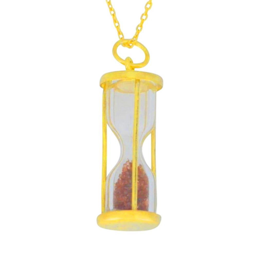 Natural Garnet 'Time in Bottle' Dust Hourglass Pendant 14Kt Yellow Gold Plated Over .925 Sterling Silver