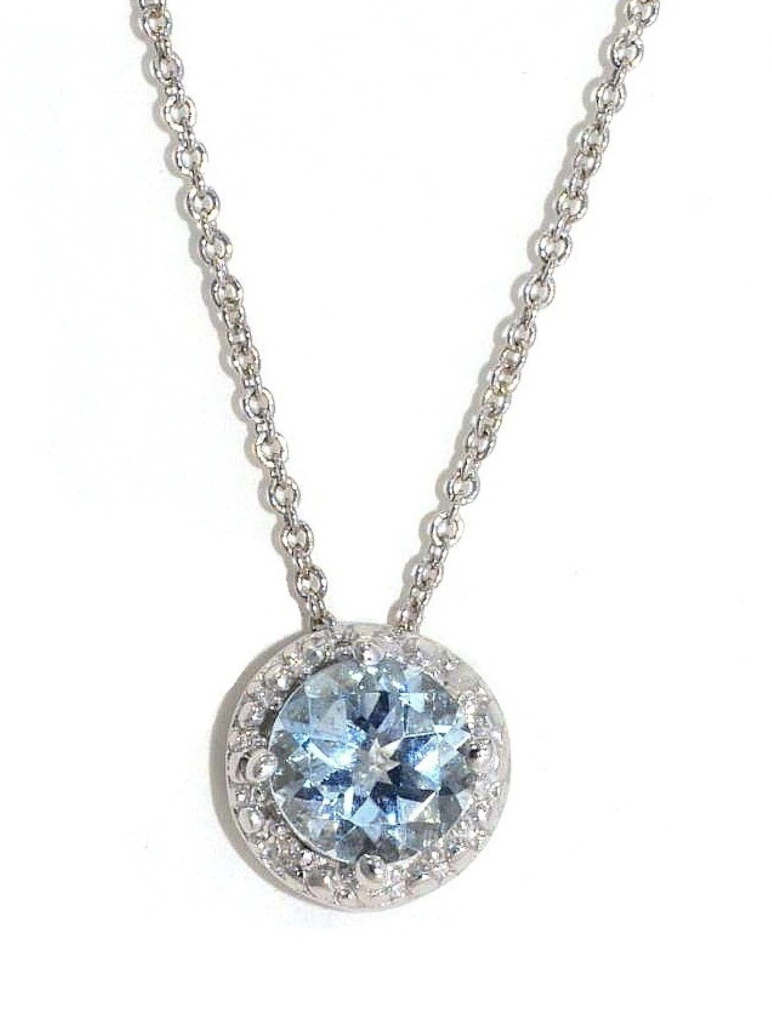 14Kt Gold Genuine Aquamarine & Diamond Round Pendant Necklace