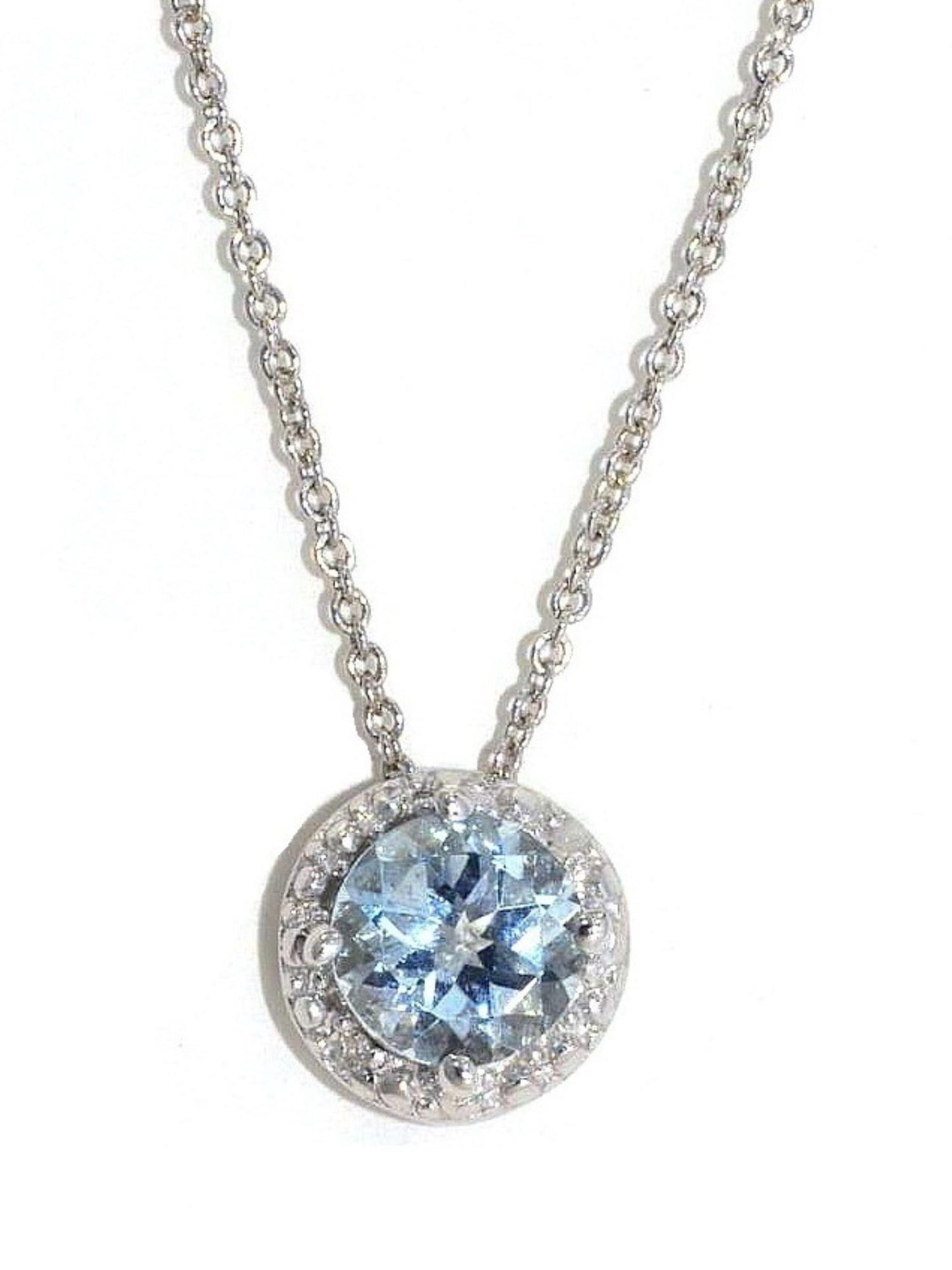 14Kt Gold Genuine Aquamarine & Diamond Round Pendant Necklace