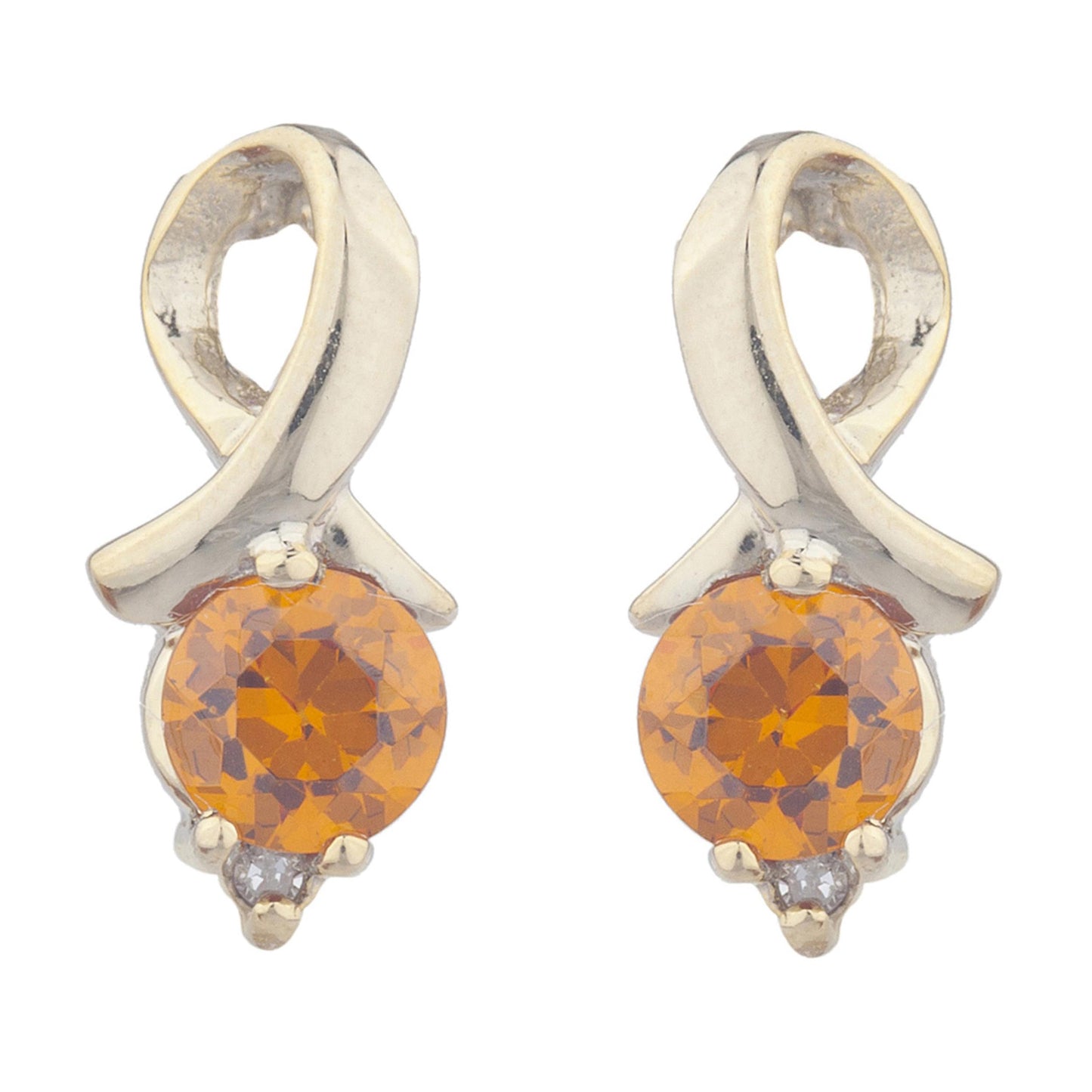 14Kt Gold Orange Citrine & Diamond Round Design Stud Earrings