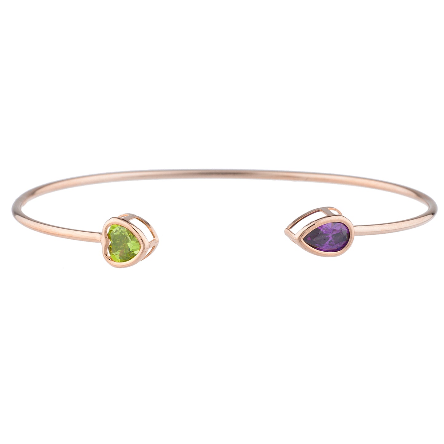 Peridot Heart & Alexandrite Pear Bezel Bangle Bracelet 14Kt Rose Gold Plated Over .925 Sterling Silver