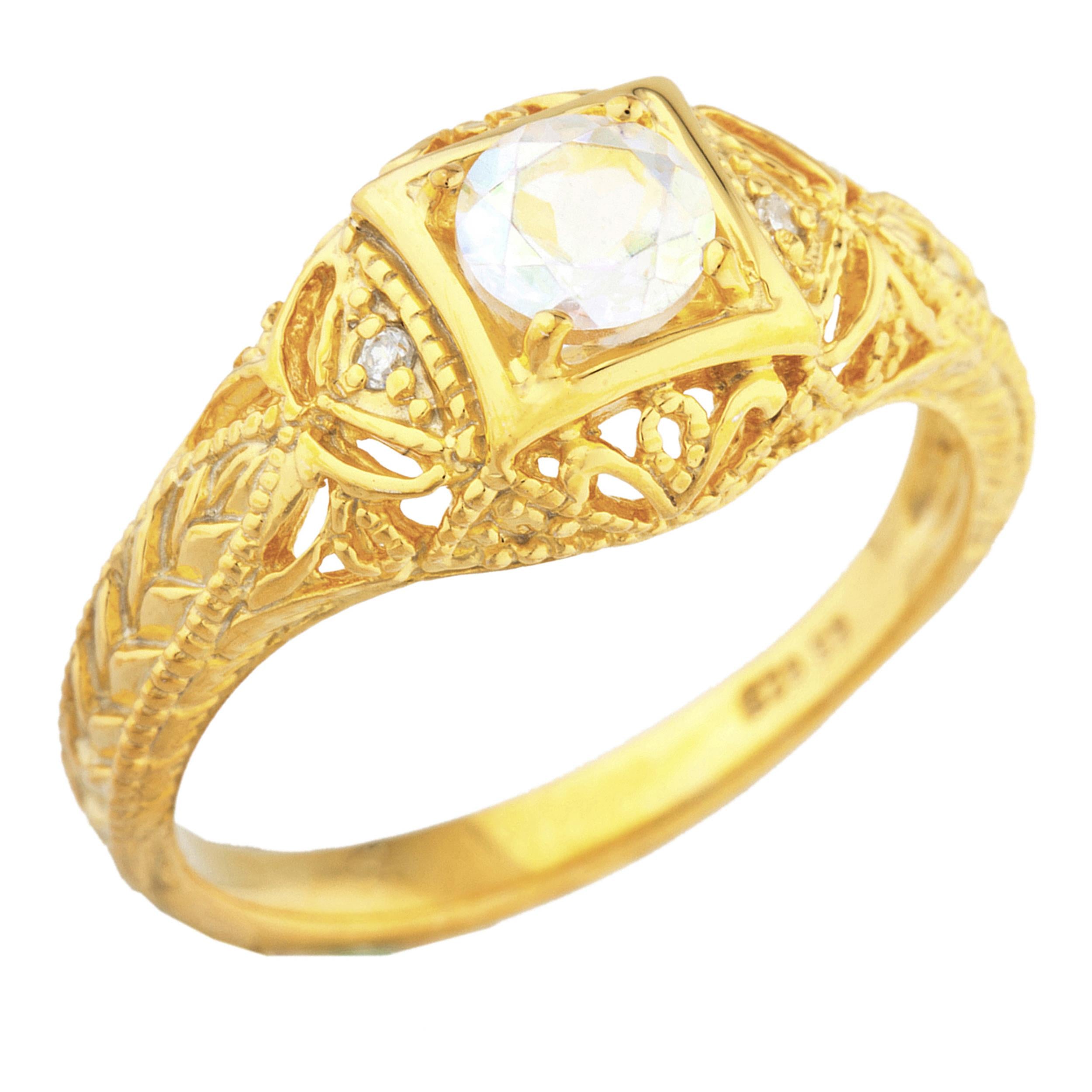 14Kt Gold Natural Mercury Mist Mystic Topaz & Diamond Design Round Ring