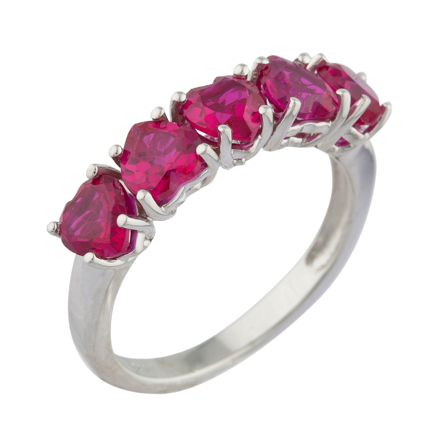 5 Hearts Created Ruby Heart Ring .925 Sterling Silver Rhodium Finish