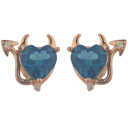 London Blue Topaz & Diamond Devil Heart Stud Earrings 14Kt Rose Gold Plated