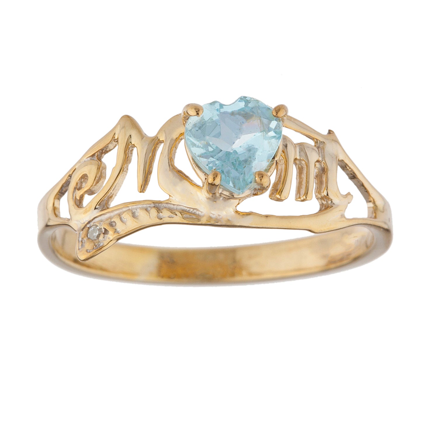 14Kt Gold Genuine Aquamarine & Diamond Heart Mom Ring