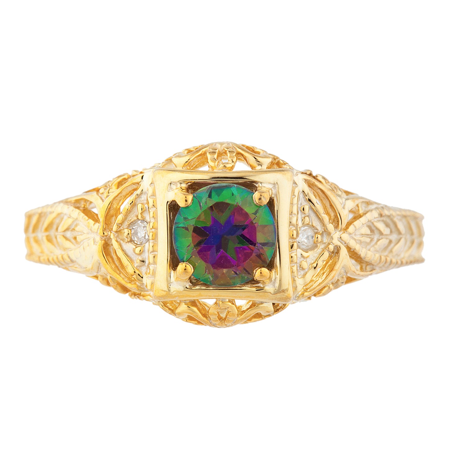 14Kt Gold Natural Mystic Topaz & Diamond Design Round Ring