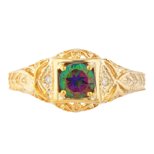 14Kt Gold Natural Mystic Topaz & Diamond Design Round Ring