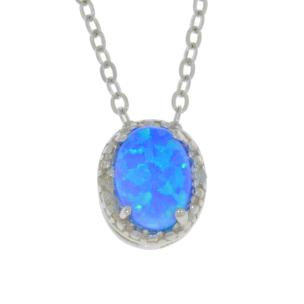 Blue Opal & Diamond Oval Pendant .925 Sterling Silver