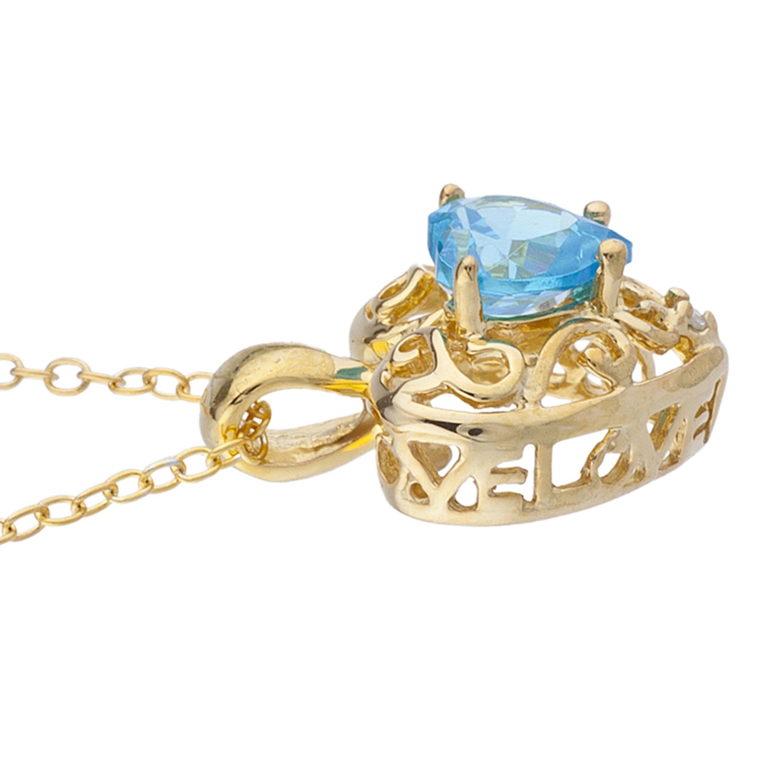 14Kt Gold Swiss Blue Topaz & Diamond Heart LOVE ENGRAVED Pendant Necklace