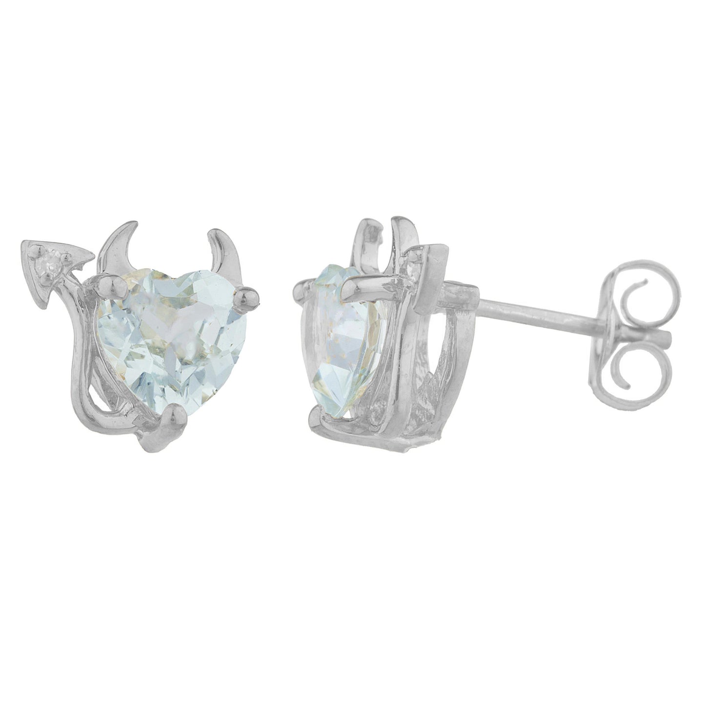 14Kt Gold Aquamarine & Diamond Devil Heart Stud Earrings