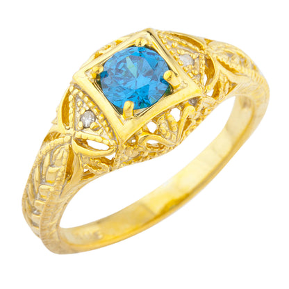 14Kt Gold Swiss Blue Topaz & Diamond Design Round Ring