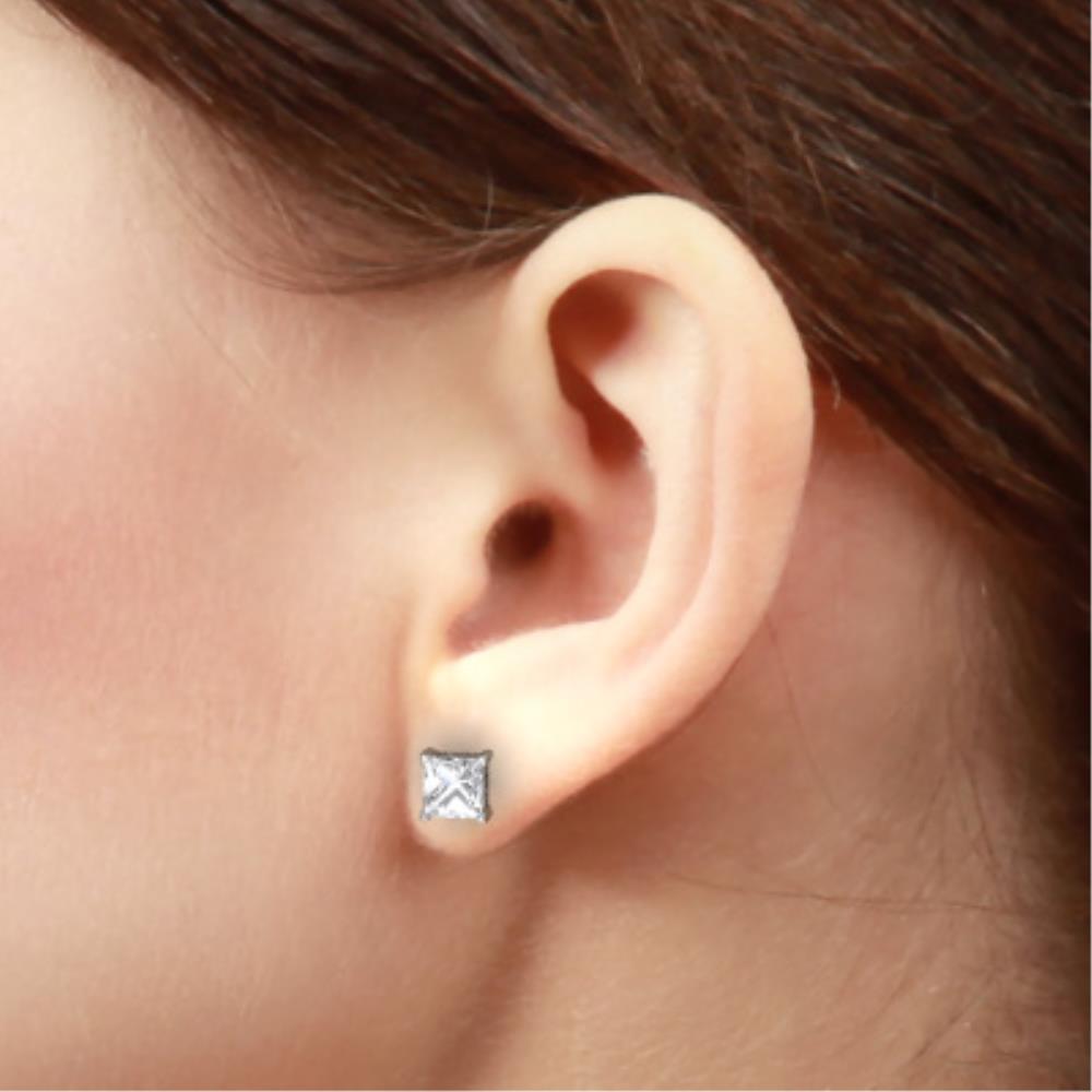 14Kt White Gold White Sapphire Princess Cut Stud Earrings