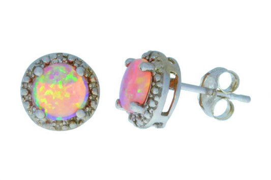 14Kt White Gold Pink Opal & Diamond Round Stud Earrings