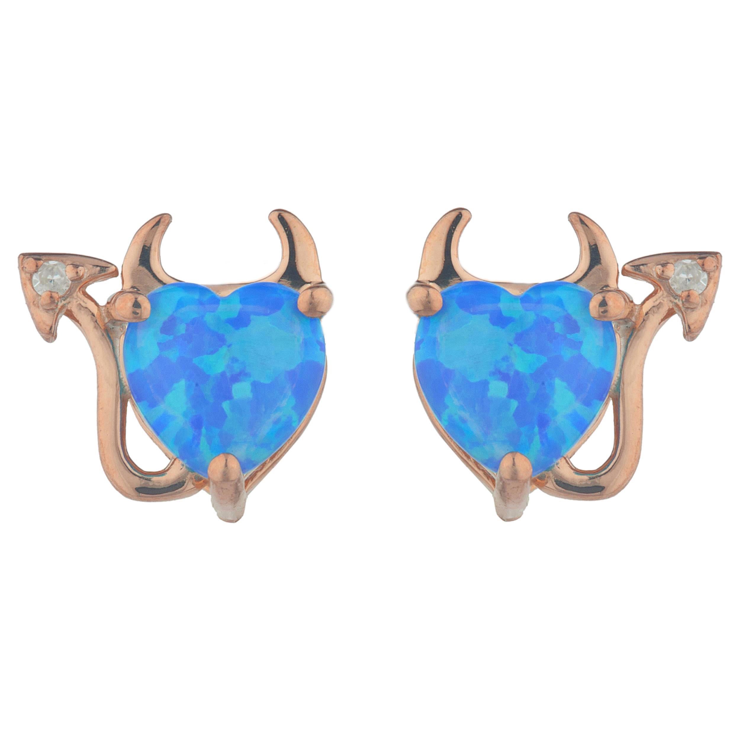 14Kt Gold Blue Opal & Diamond Devil Heart Stud Earrings