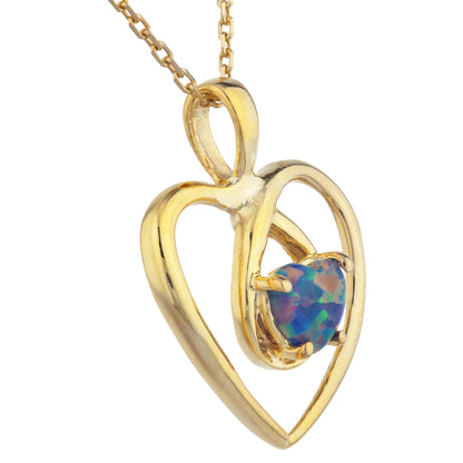 14Kt Gold Black Opal Heart Design Pendant Necklace