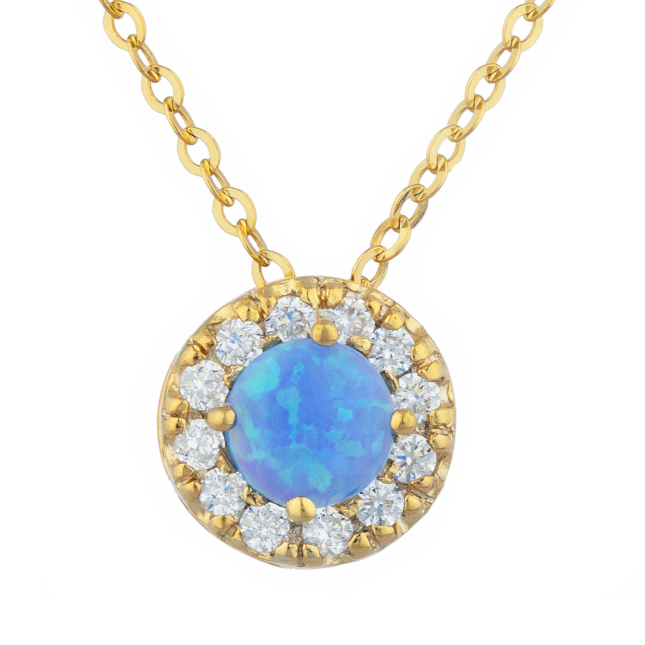 14Kt Gold Blue Opal Halo Design Pendant Necklace