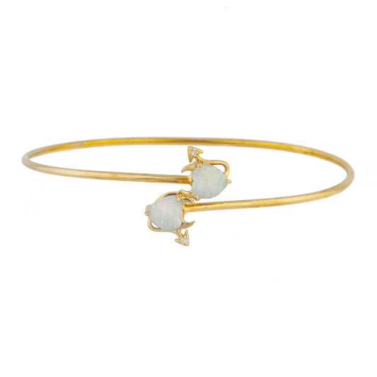 Genuine Opal & Diamond Devil Heart Bangle Bracelet 14Kt Yellow Gold Rose Gold Silver